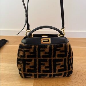 Fendi Brown & Black Faux Fur Mini Peekaboo Bag with Gold Hardware